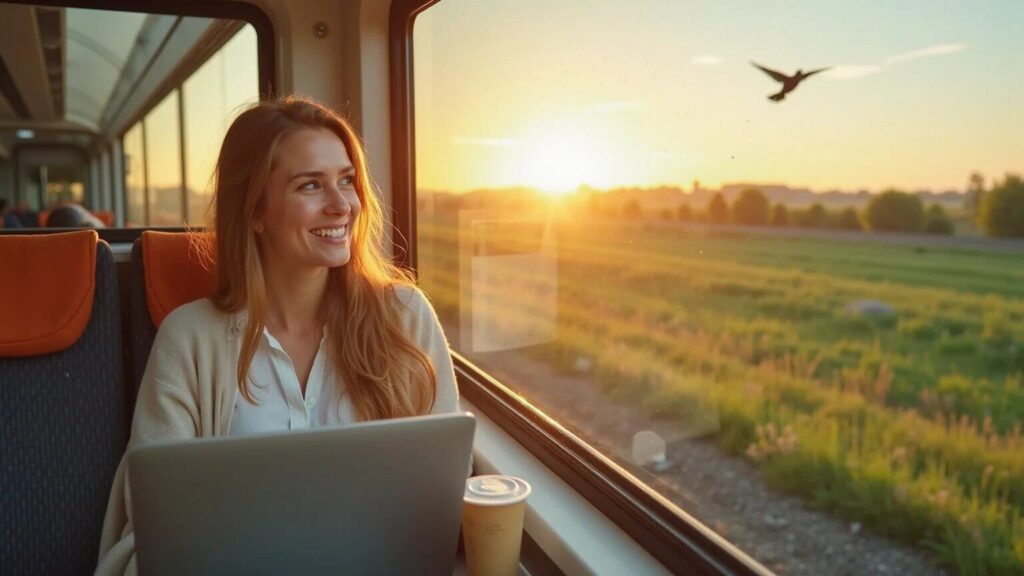 Eine moderne S-Bahn fährt durch eine grüne Landschaft bei Sonnenaufgang
