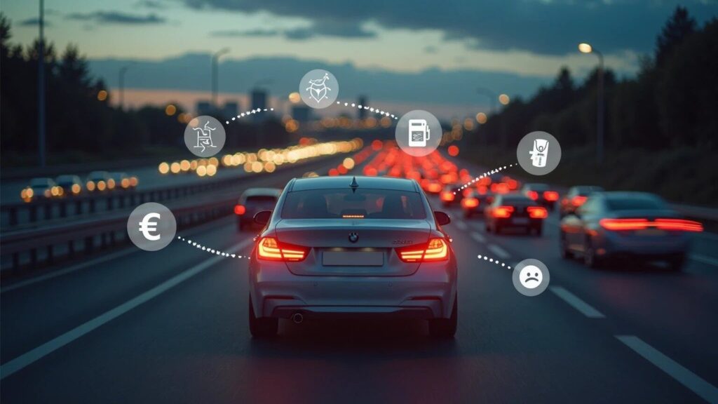 Ein modernes Familienauto steht im Stau auf einer überfüllten Autobahn bei Dämmerung