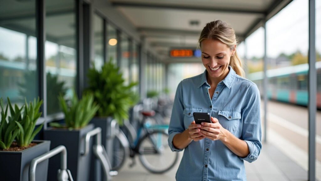 Eine Person steht an einer Bushaltestelle und schaut auf ein Smartphone