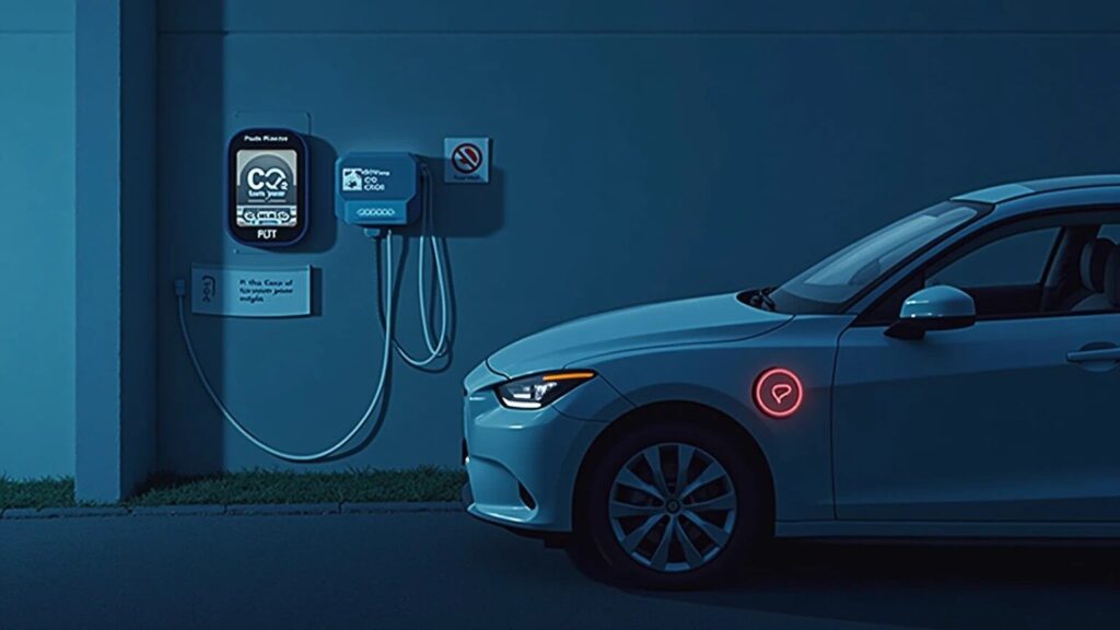 Ein Elektroauto lädt an einer privaten Wallbox in einer Garage