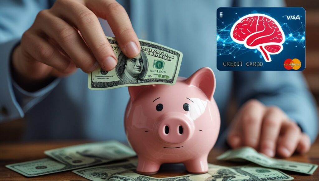 Ein Close-up einer Hand, die Bargeld in eine Spardose wirft