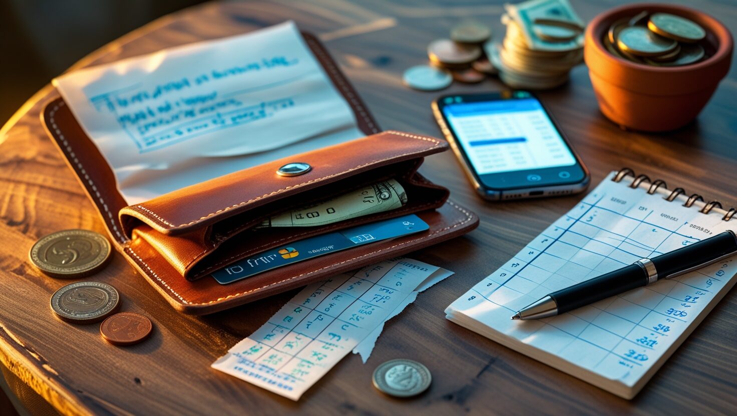 Haushaltsbudget erstellen: Ein Tisch mit Notizblöcken, Kontoauszügen, einem Handy mit Finanz-App und einem Kugelschreiber